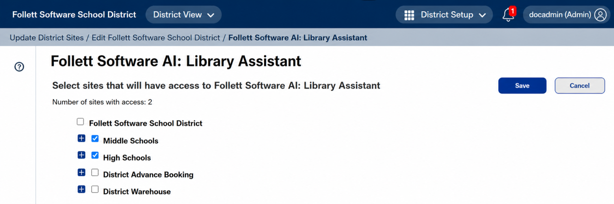 Follett Software AI: Library Assistant 'Select sites' page.
