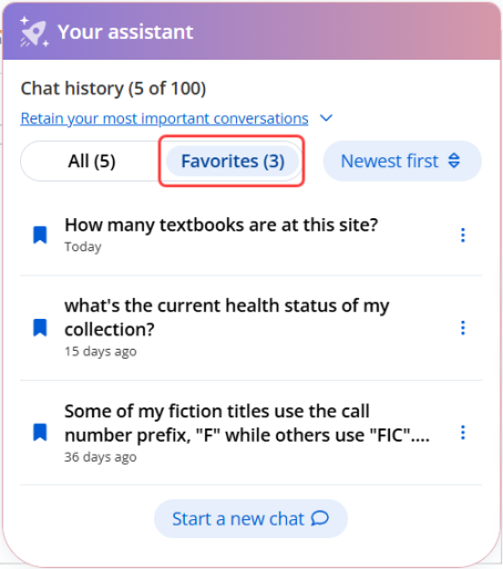 Library AI Assistant showing the Chat history list in Favorites view, with the Favorites tab highlighted.