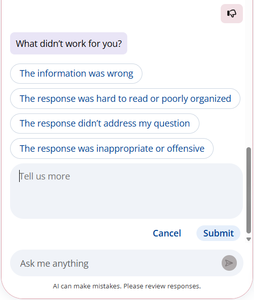 Library AI Assistant feedback form with multiple options, a comment field, and Cancel and Submit buttons.