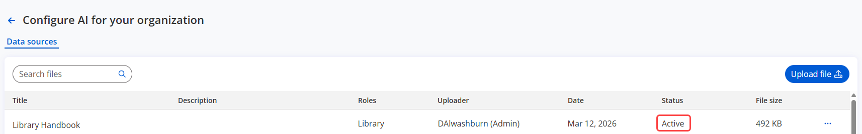 Data sources page with status column highlighted.