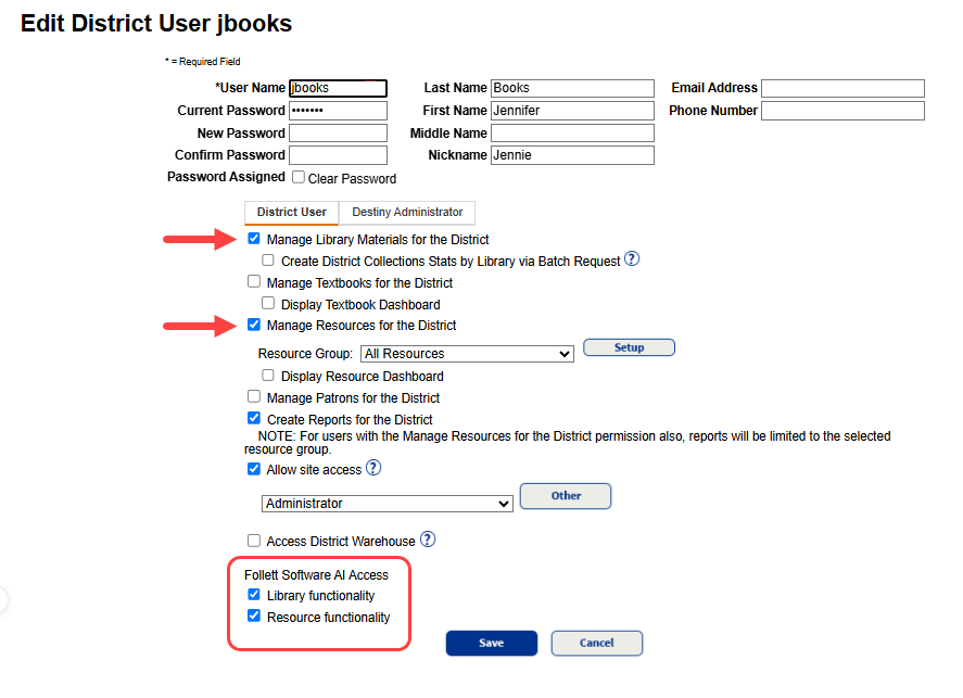 Edit District User page with Follett Software AI Access section higlighted.