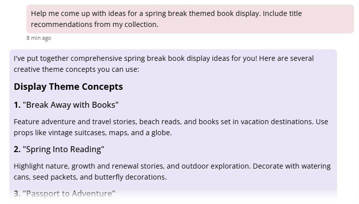 Prompt example and response for a spring break book display.