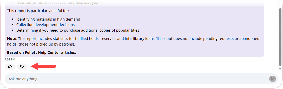 Library AI Assistant with feedback buttons highlighted.